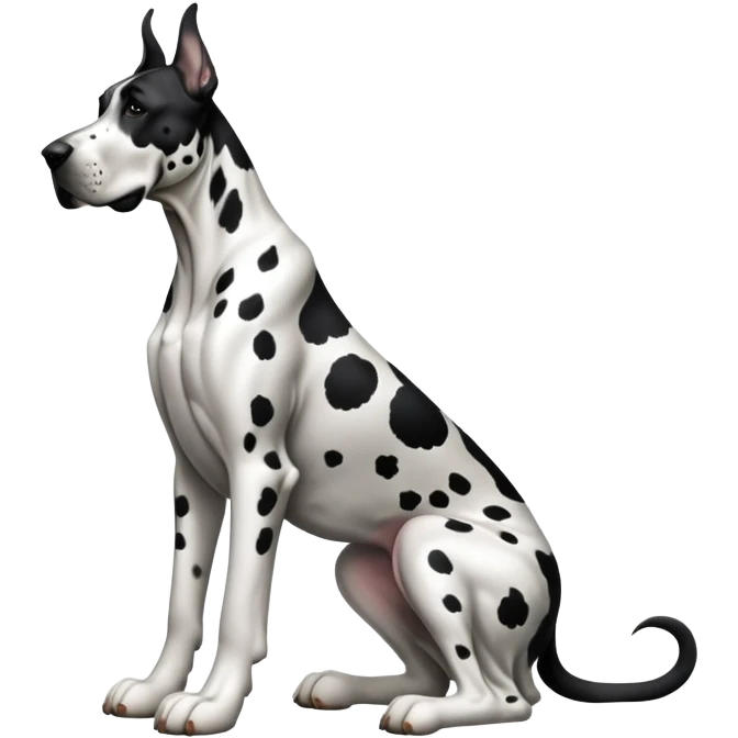 cinematic-[spotted great dane]-realistic-full-body-sitting-emoji,-tail-resting-loosely-beside-its-paws,-head-tilted-dramatically, ears drooped, -sleek-[black and white]-fur,-simplified-yet-realistic-focused-features,-highly-detailed,-glowing-with-an-almost-sarcastic-glow emoji