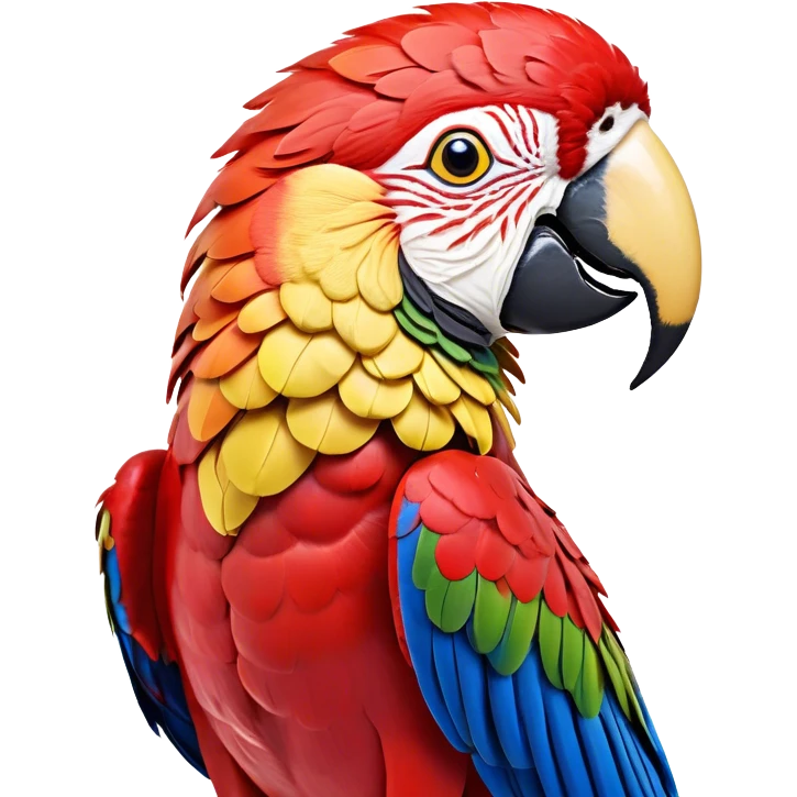 Cinematic Realistic Noble Macaw Portrait Emoji, Poised and majestic, with a robust, vibrant build and meticulously detailed plumage in scarlet, deep blue, and touches of gold, a strong, curved beak and piercing, intelligent eyes, rendered with lifelike feather texture and natural lighting, high shine, commanding and regal, styled with an air of tropical authority, focused and attentive, soft glowing outline, capturing the essence of a watchful and confident macaw that appears ready to soar out of the screen with effortless splendor! emoji