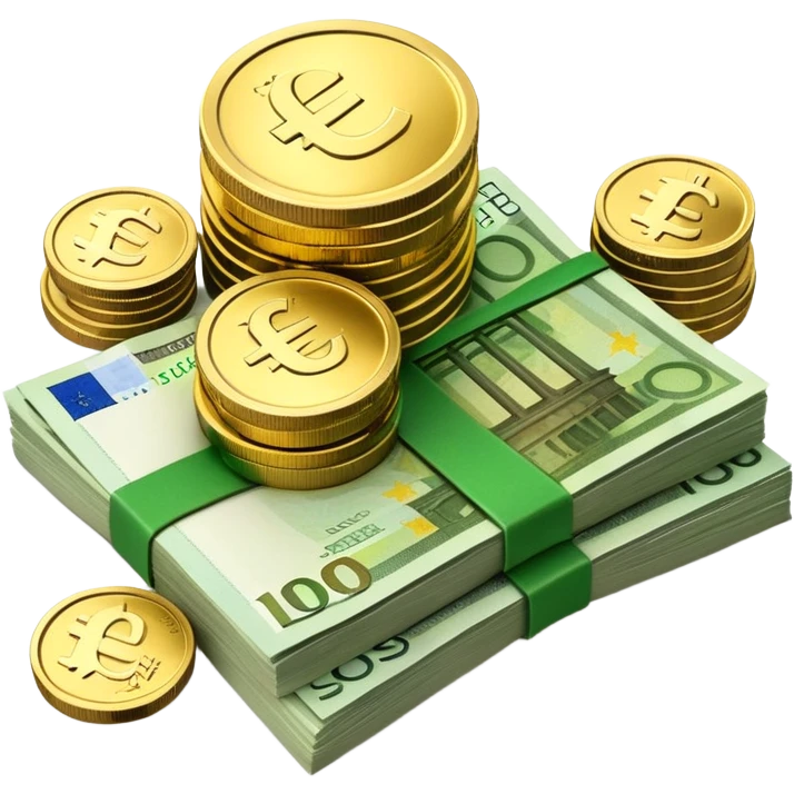 side view of a pile of euro coins and euro bank notes emoji