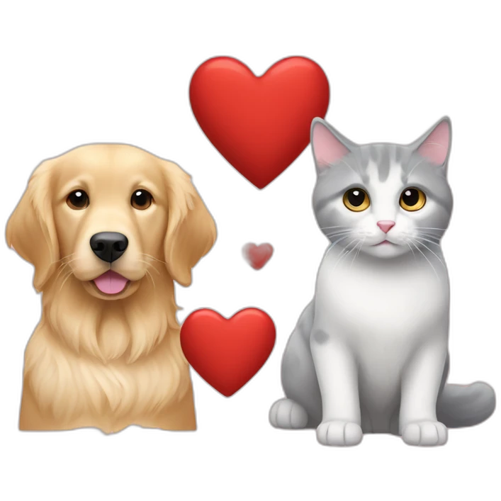 A Golden retriever, a white cat, and a gray cat in a red heart emoji