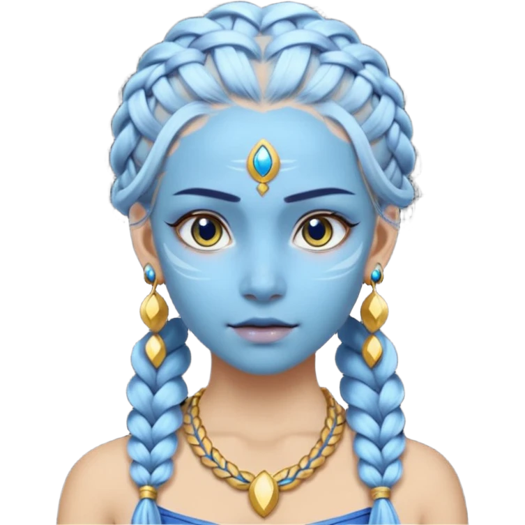 Draw a Na’vi female with glowing blue skin, white forehead markings, braided hair, gold earrings & a calm gaze. emoji