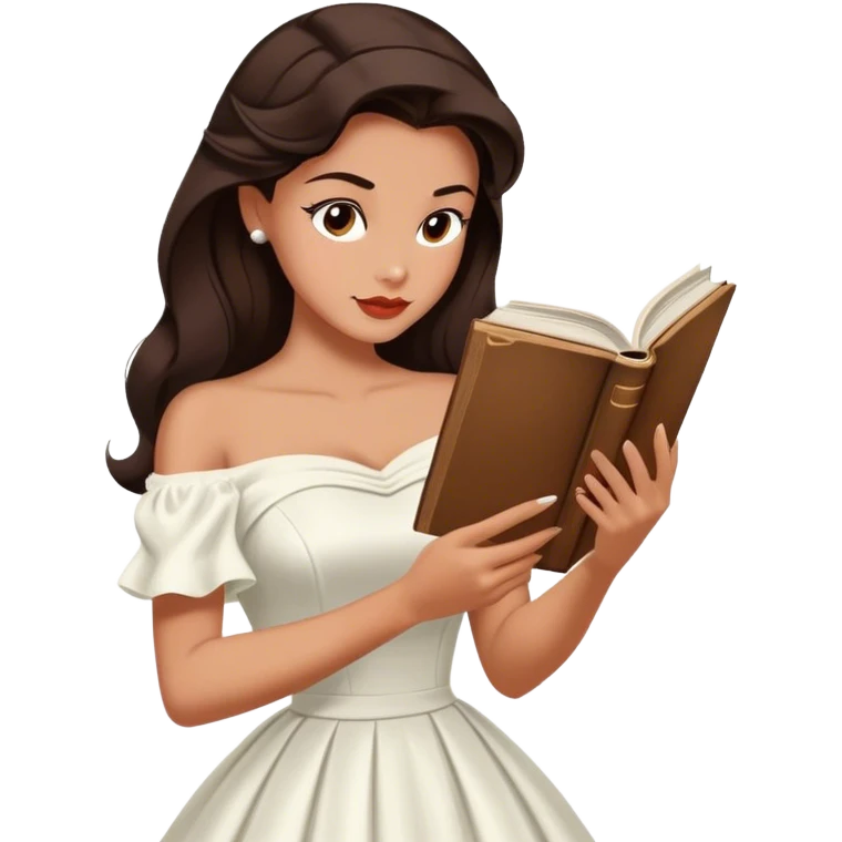 Beautiful woman in 1950’s woman fashion look, off-shoulder white dress, long dark brown hair, reading  emoji