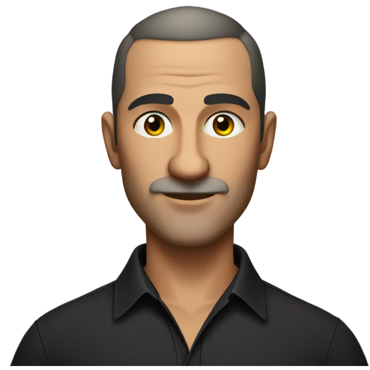 A middle-aged Italian man with olive-toned skin and a confident demeanor, sporting a buzz cut and no facial hair. He is wearing a sleek black smart shirt, casually unbuttoned at the top. emoji
