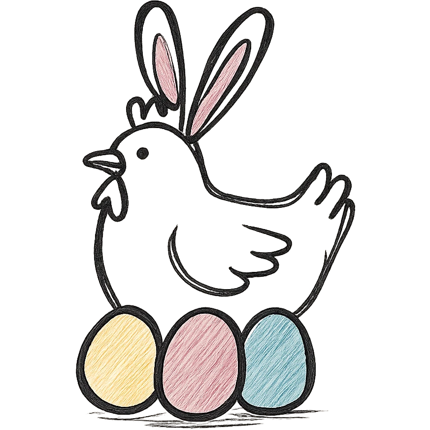 a white hen with pink bunny ears and colourful eggs, hand drawn black outline style emoji
