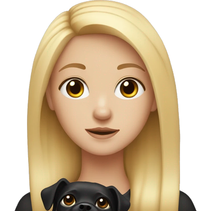 Blonde teenage girl with hazel eyes and her small black dog emoji