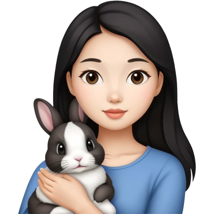 Beautiful Asian woman, holding black and white Dutch bunny  emoji