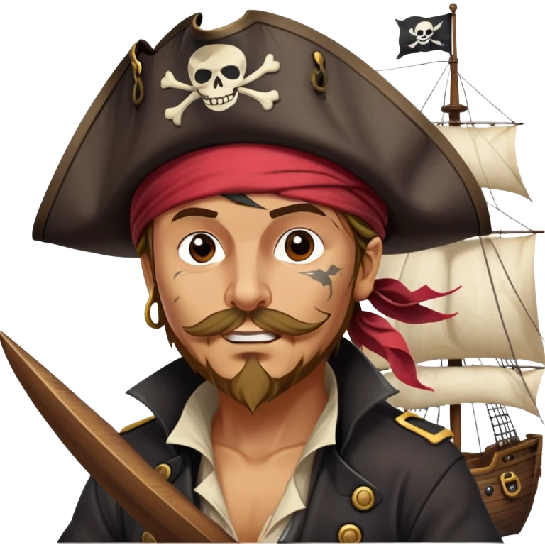clash-of-clans-aesthetic_-cinematic-focused-pirate-bust-portrait-emoji, head slightly tilted with a determined, roguish expression and bold features, featuring a compact, spirited build with a jaunty hat and quirky bandana on tan skin, at the helm of a grand sailing ship complete with billowing sails and a tattered Jolly Roger flag fluttering dynamically in a tempestuous sea breeze. emoji
