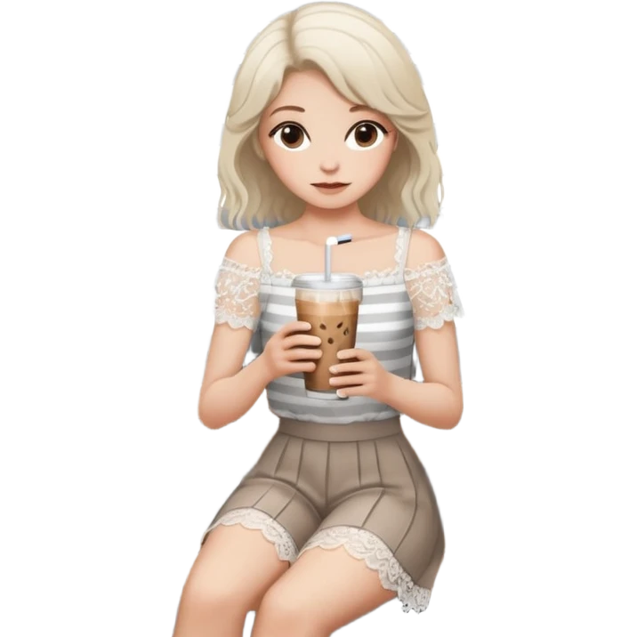 Minimalist girl holding an iced coffee in a chic cafe setting, white lace top, soft natural hair, modern gray striped wall, wooden bench, aesthetic and cozy mood ☕🌿🤍” emoji