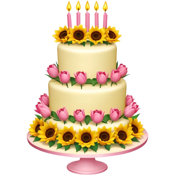 A large three teir cake with first mayer decorated with roses, second with Sunflowers and third with Tulips and Happy Birthday Dear written on top. emoji