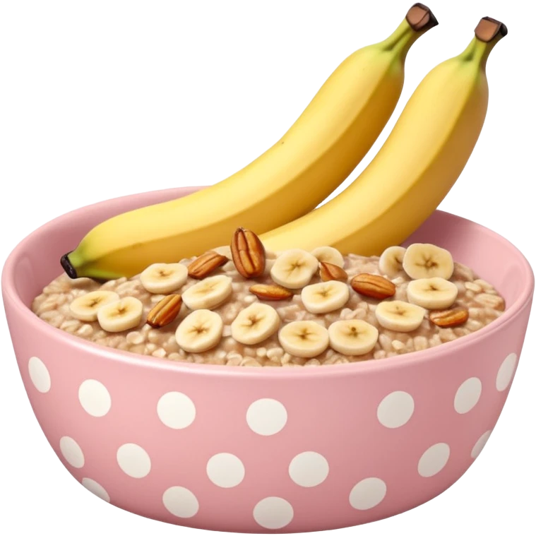 baked oats in a bowl like oat meal with a couple banana slices on top that look a little bit caramelised and a light pink bowl with white polka dots emoji
