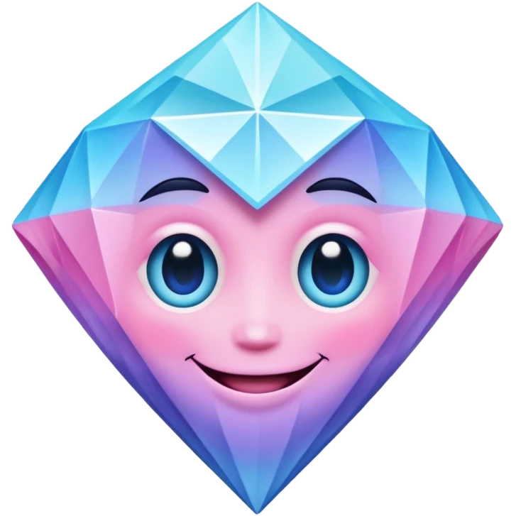 A cheerful diamond logo with a black outline and a smiling face, set against a pastel gradient of pink, blue, and lavender. Smaller diamonds surround it, forming a larger diamond pattern. Playful yet sleek, perfect for branding, digital media, or a fun, eye-catching emblem. emoji