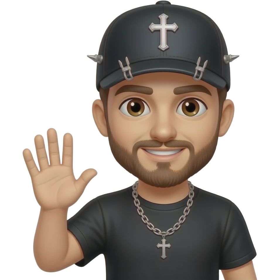 Brown eyes, rock-style cap with metallic clips on the cap visor , rock cross on the cap , black teeshirt, saying hi, no ratio, no chain, short hair , browning beard, no withstand emoji
