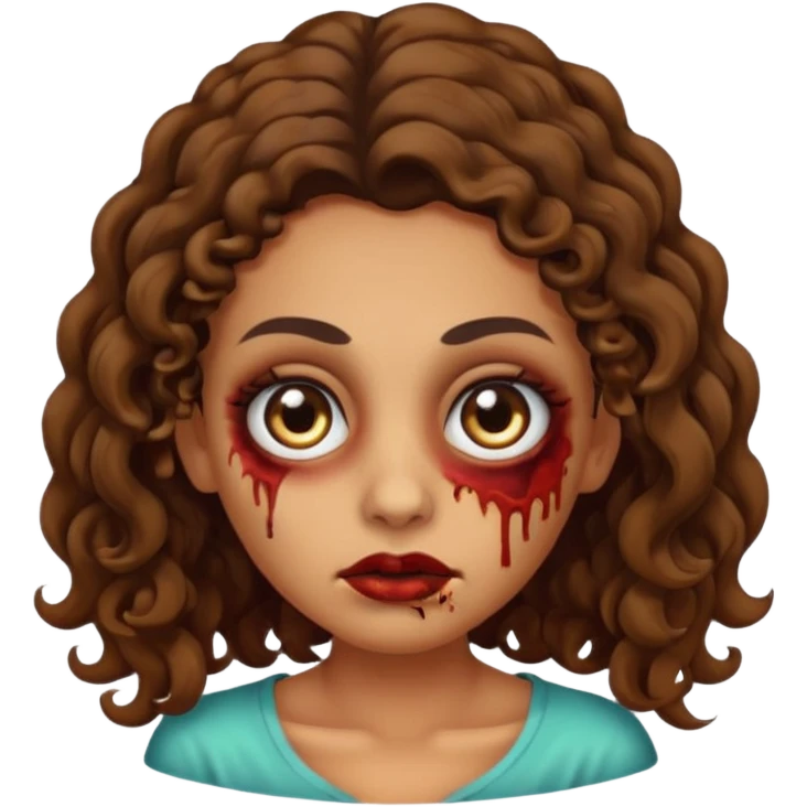 Create a zombie emoji inspired by a young woman with tanned skin, an oval face, large dark eyes, defined eyebrows, a small nose, and medium lips. Her hair should be long, curly, and brown.  emoji