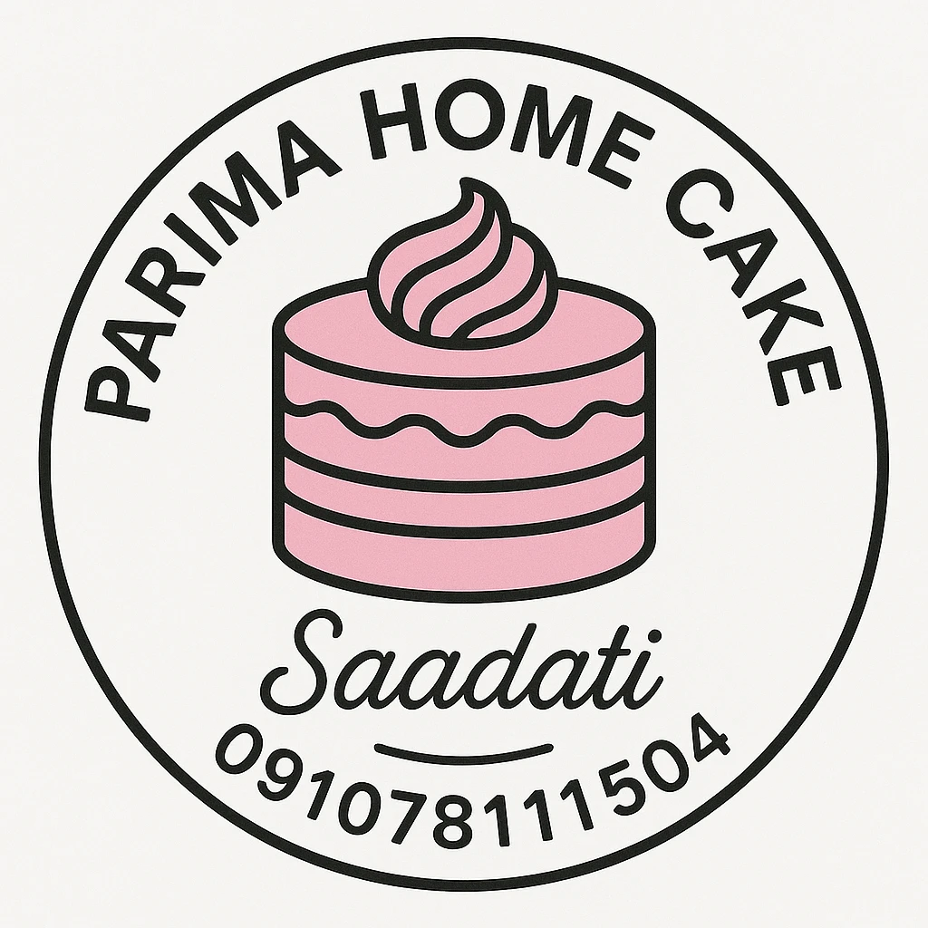 Modify the logo to correct the name to 'Parima', make it circular with a white background, and ensure the cake illustration and text are in pink. The style should be a lineal color icon with black outlines. emoji