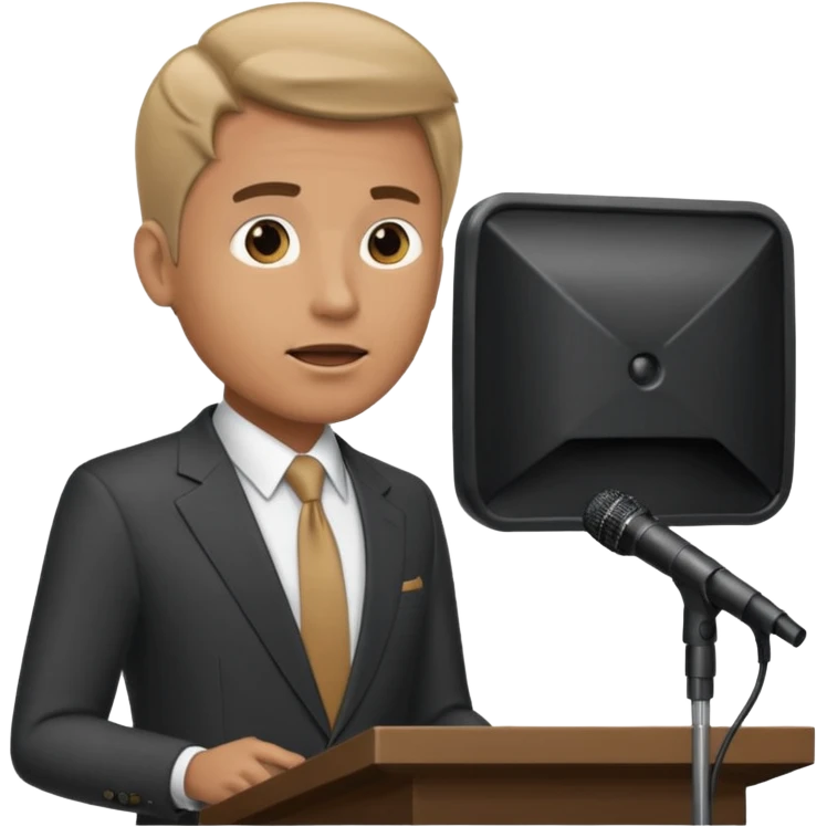 A man speaks into a microphone, and there is a prompter screen in front of him. emoji