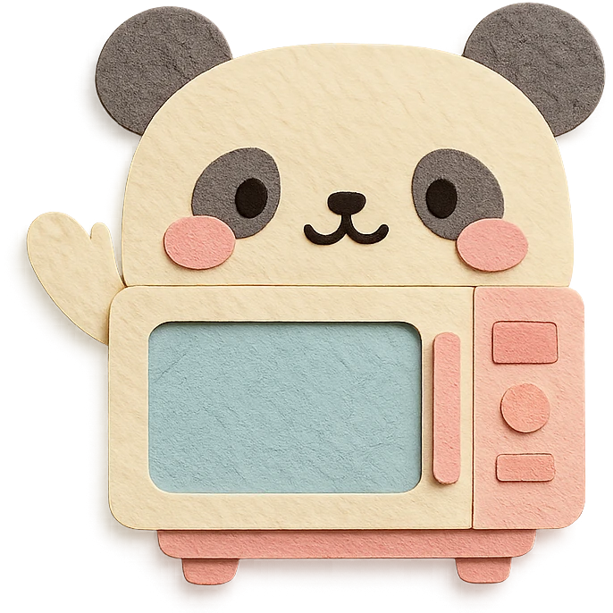 chibi-style microwave oven with panda features, blushing and waving, soft pastel palette, full-body emoji