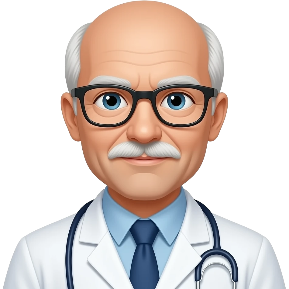 Azme ha un doctor calvo con pelo blanco ha los lados y un bigote recto y con unas gafas encima de la calva. emoji