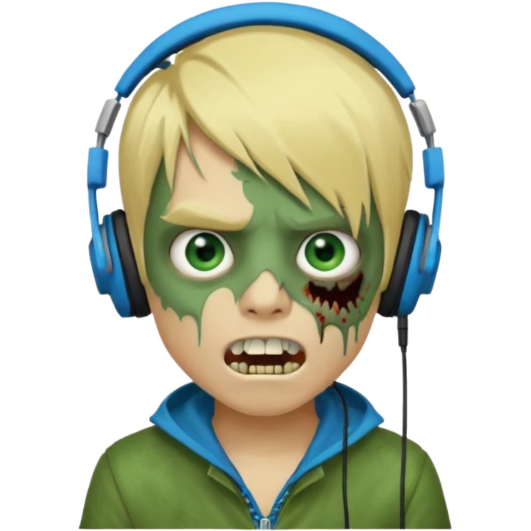 boy zombie whit blonde emo hair and eyes blue and GREEN SKIN and heandphones AND A MICROFONE AND GOLD TEETH and agesive face emoji