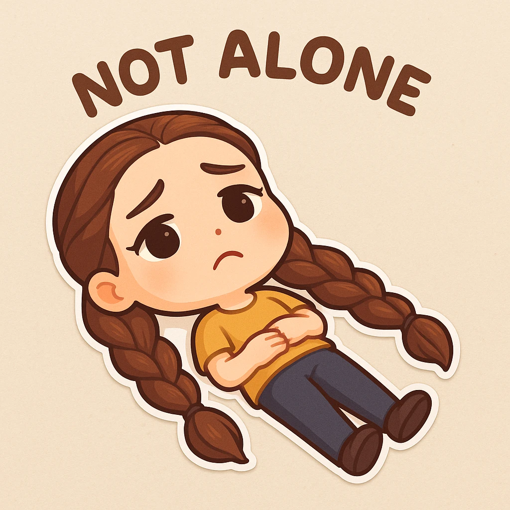 Create a chibi sticker of the girl from the reference image, lying on her back on the ground, looking sad, with a 'not alone' vibe, with long hair. emoji
