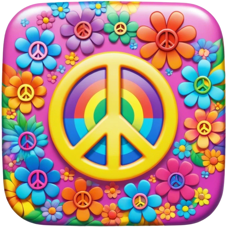 Beveled square shaped psychedelic colored button with rainbow colored hippie style 3D flowers and a peace sign in the center emoji