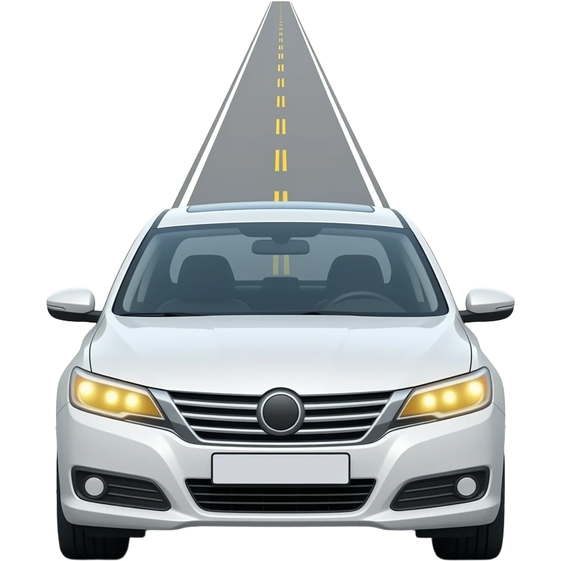 Flat vector emoji, receding road perspective, identical white sedan driving left lane emoji