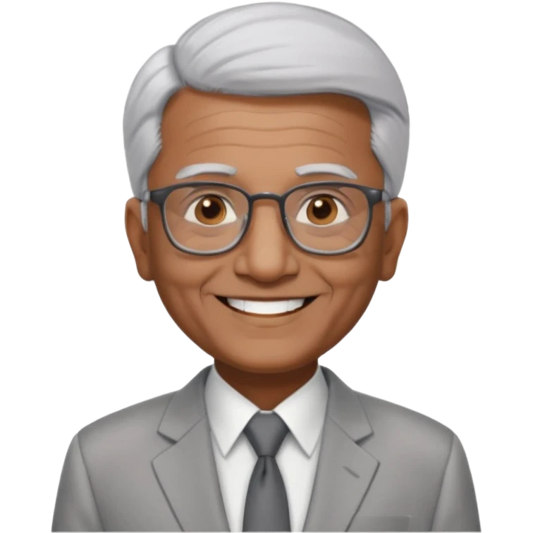 70 yr old indian man, short straight white hair brushed back, light grey business suit, big smile, dark brown skin, no moustache, dark brown eyes, glasses
 emoji