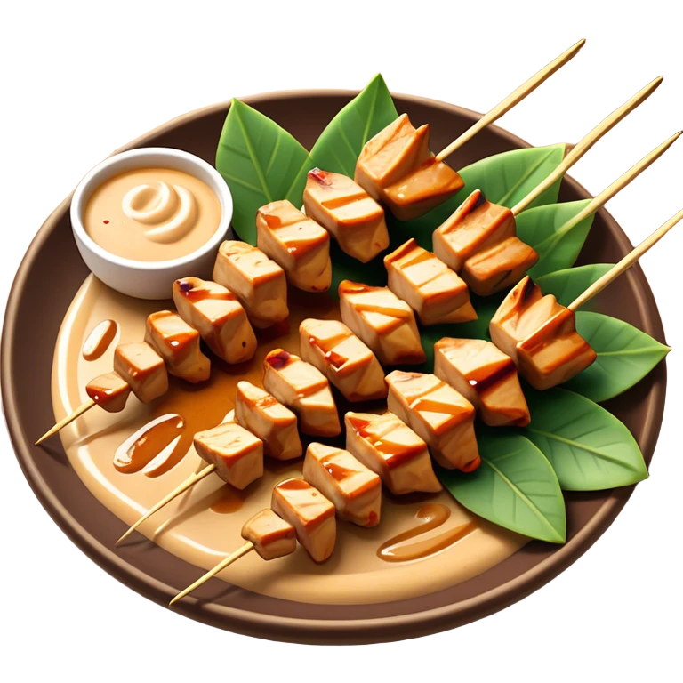 Cinematic Realistic Indonesian Chicken Satay Dish Emoji, depicted as succulent, marinated chicken skewers grilled to perfection with a subtle char, drizzled generously with a rich, creamy peanut sauce that glistens under warm, natural lighting. The vibrant textures of the tender meat and smooth, spicy sauce evoke the authentic flavors of Indonesian street food, rendered with lifelike detail and dynamic, appetizing lighting. emoji