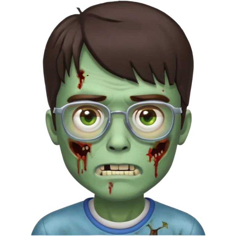 an emoji of a male zombie with dark brown hair and bangs that cover your entire forehead and extend to your eyebrows, wearing square, bluish glasses. emoji