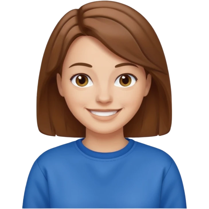 white woman with brown hair wearing a blue sweatshirt, smiling emoji