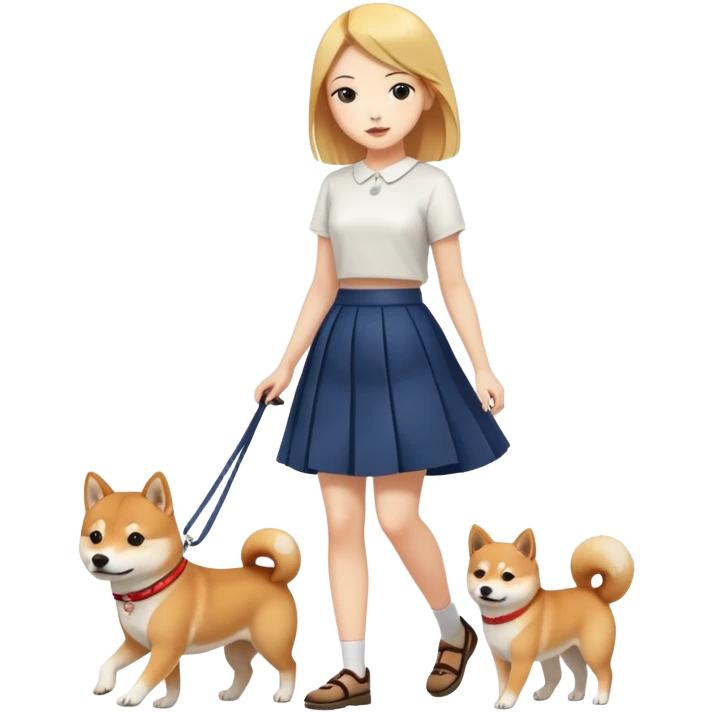 A beautiful girl with fair skin walks a Shiba Inu in a skirt emoji