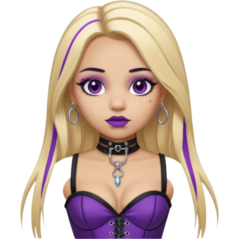 Ai light skin girl , who has straight long length blonde hair with heavy purple streaks , hazel eyes , and doll like makeup , with a septum piercing, nostril piercing, in a black corset emoji emoji