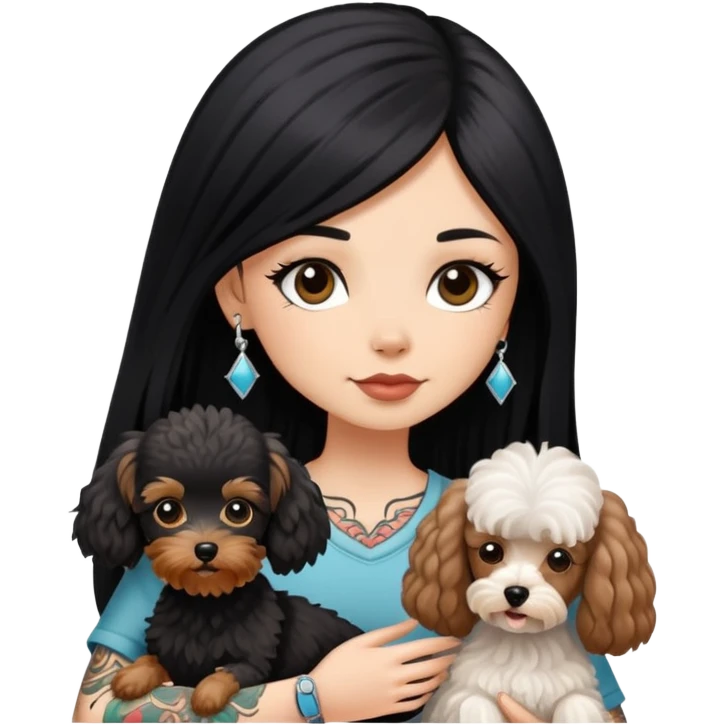 girl with long black  straight hair and tattoos and white Yorkshire and brown poodle emoji