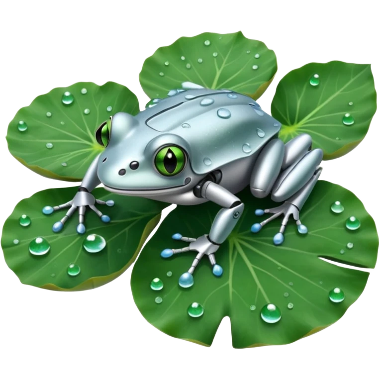 silver robot frog on lotus leaf emoji