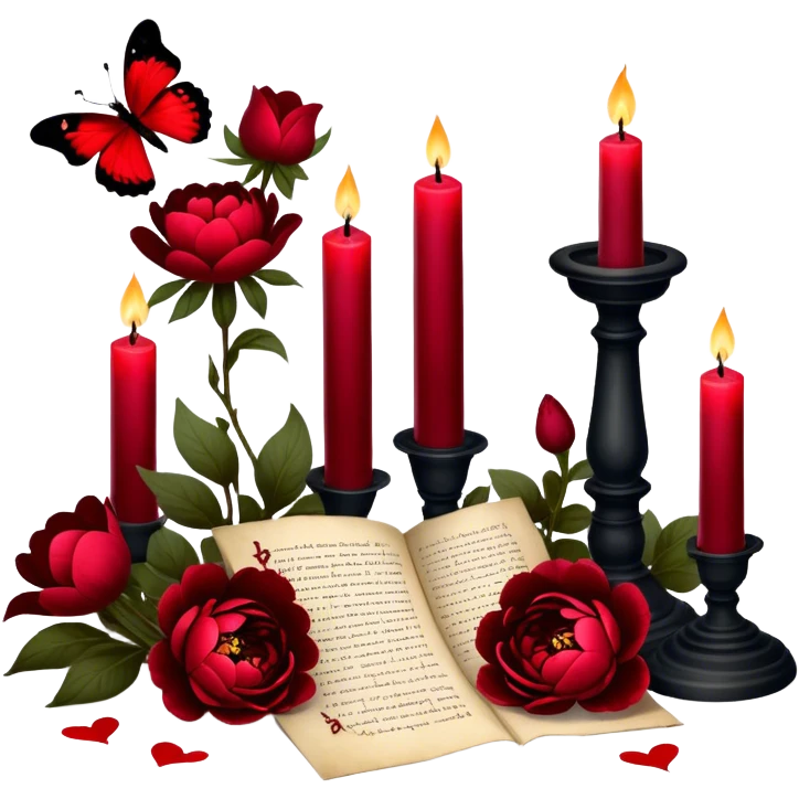 A mystical still life with blood-red candles casting flickering shadows over scattered love letters, their ink smudged with passion. Crimson butterflies rest on blackened crosses, while lush red peonies and pansies bloom in the dim candlelight. emoji