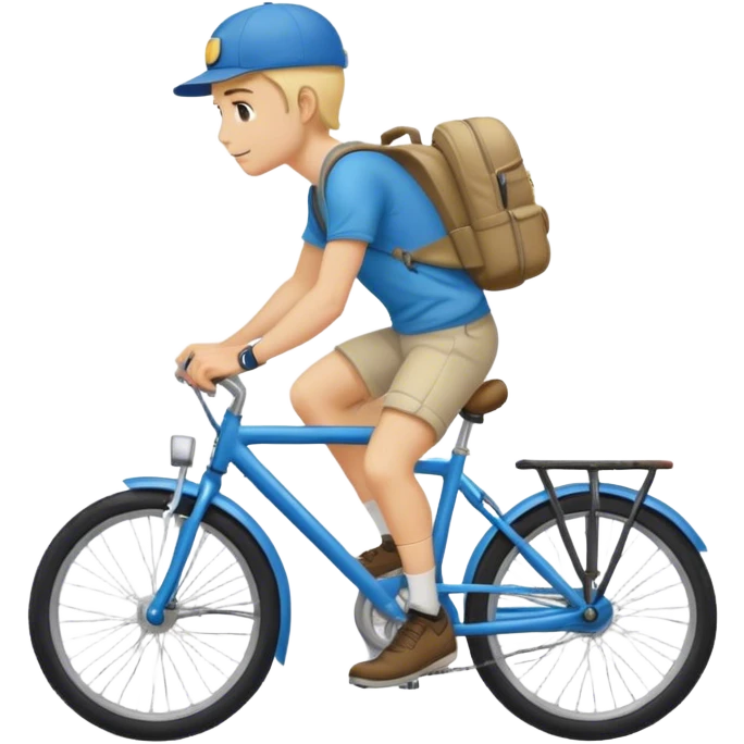 A blond guy in a cap and with a backpack on his back rides a blue bike emoji