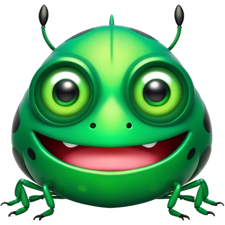 Cinematic Comical Green Bugdie Portrait Emoji, Head tilted dramatically with an exaggeratedly amused expression, featuring a striking, glossy emerald exoskeleton with bold patterns, wide, expressive multifaceted eyes filled with playful disbelief, Simplified yet hilariously expressive features, highly detailed, glowing with a slightly sassy glow, high shine, dramatic yet playful, stylized with an air of cheeky mischief, bright and endearing, soft glowing outline, capturing the essence of a spirited and over-the-top bug, so meme-worthy it feels like it could side-eye its way into internet fame instantly! emoji