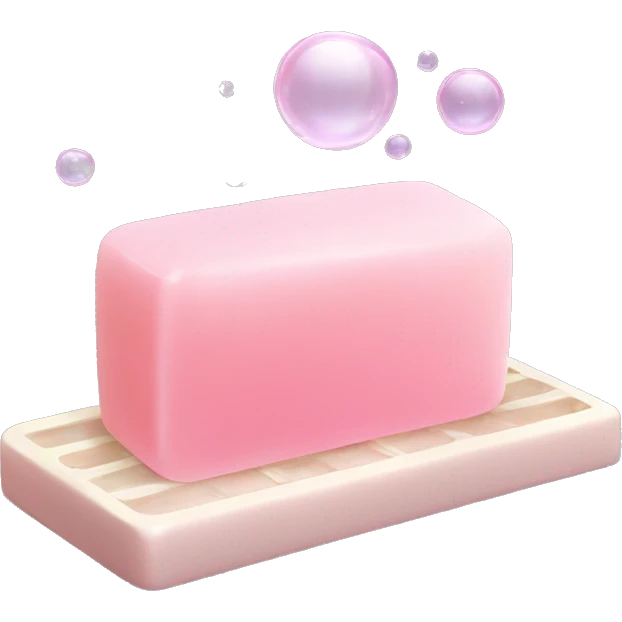 Light pink soap bar sitting on a soap holder, with soap bubbles  emoji