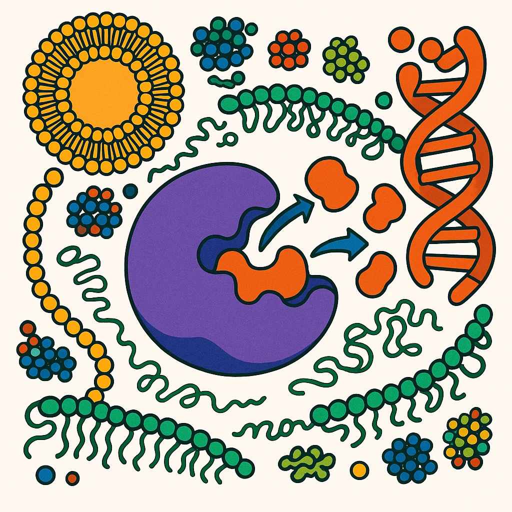 Ultra-detailed scientific illustration  (like in a school book) of enzyme digestion. Macro molecular view, clean white background, no text, no human figures or cartoon characters. Purely biological focus and really detailed and surrounding emoji