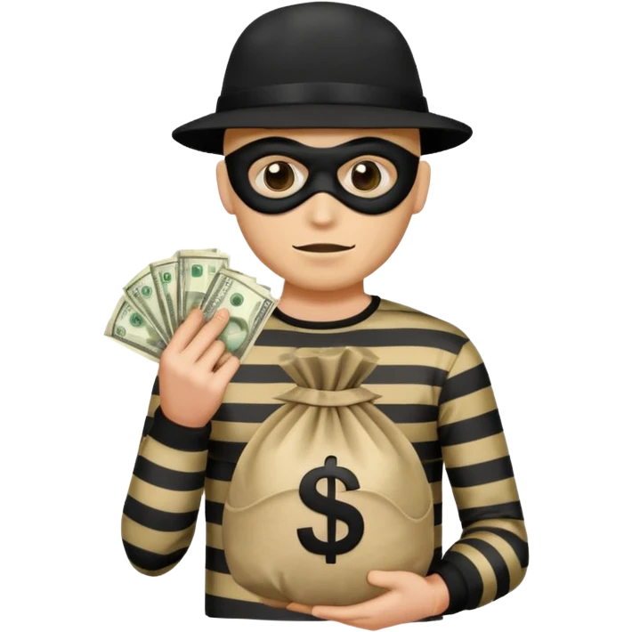 robber wearing a black mask and striped shirt holding a money bag, classic emoji style emoji