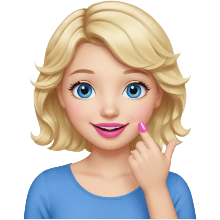 Girl Blonde short wavy hair,  blue eyes, cute blue top, long lashes, pink lips, smiling, hand covering the mouth emoji