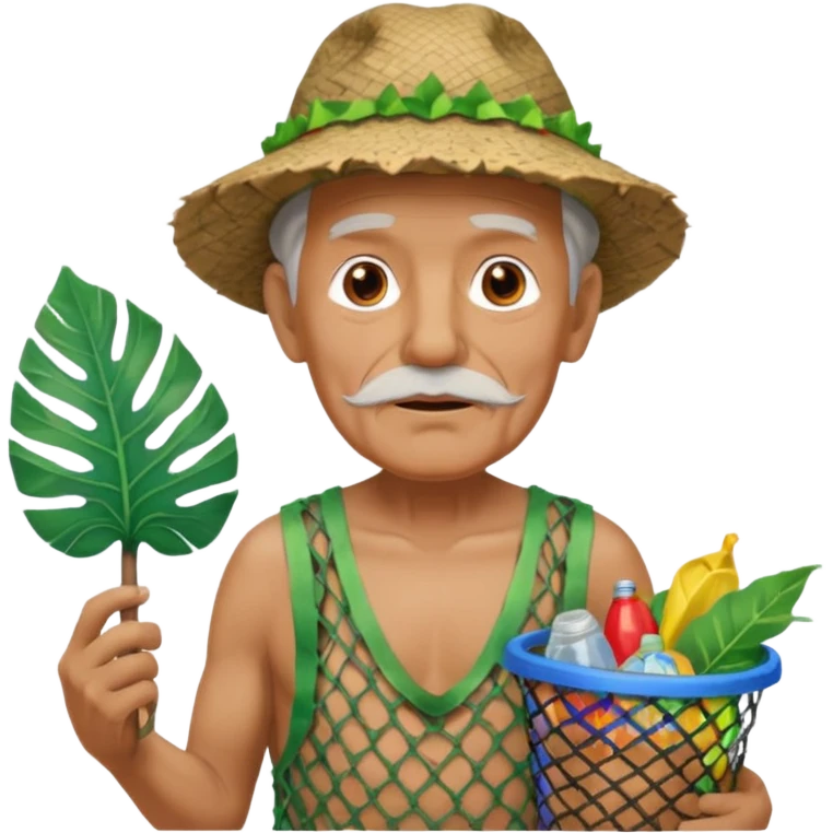 Hawaiian old man with leaf hat and big trash net and colorful cloth emoji