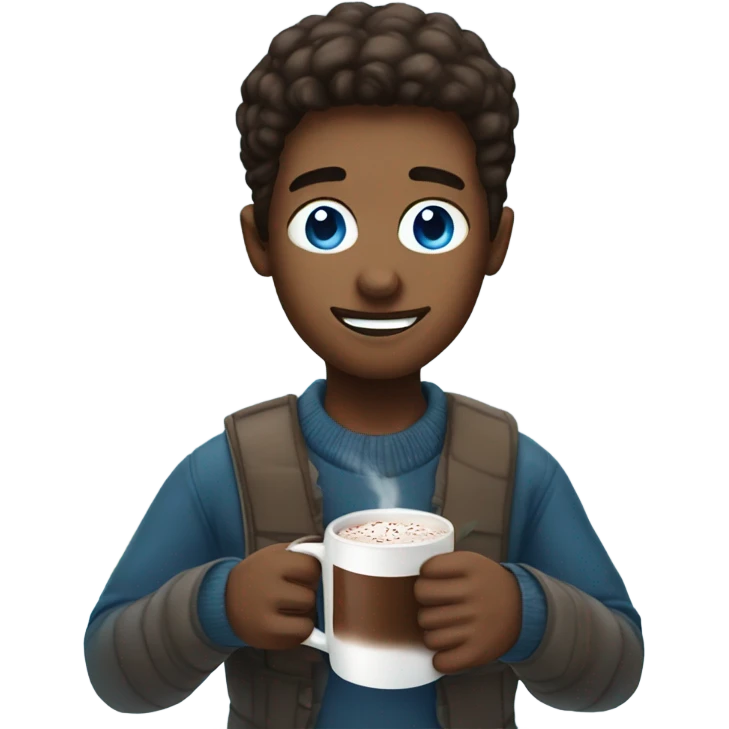 Blue eyed guy drinking hot chocolate by Christmas tree emoji