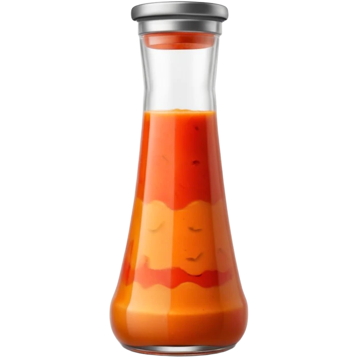 tall clear bottle filled with vibrant red-orange soup, slightly textured and opaque, soft ripples visible through the glass, chilled vegetable blend, capped with metal lid, no label or garnish, sealed bottle, apple emoji style, soft lighting, subtle shadows, transparent background, emoji scale emoji