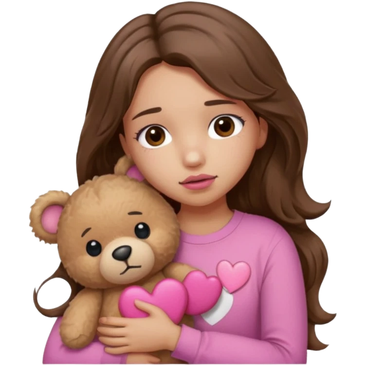 girl with long wavy brown hair, brown eyes, light to medium complexion, in a pink shirt, pink lips, long lashes, sad, hugging squeezing a teddy bear with heart band aid emoji