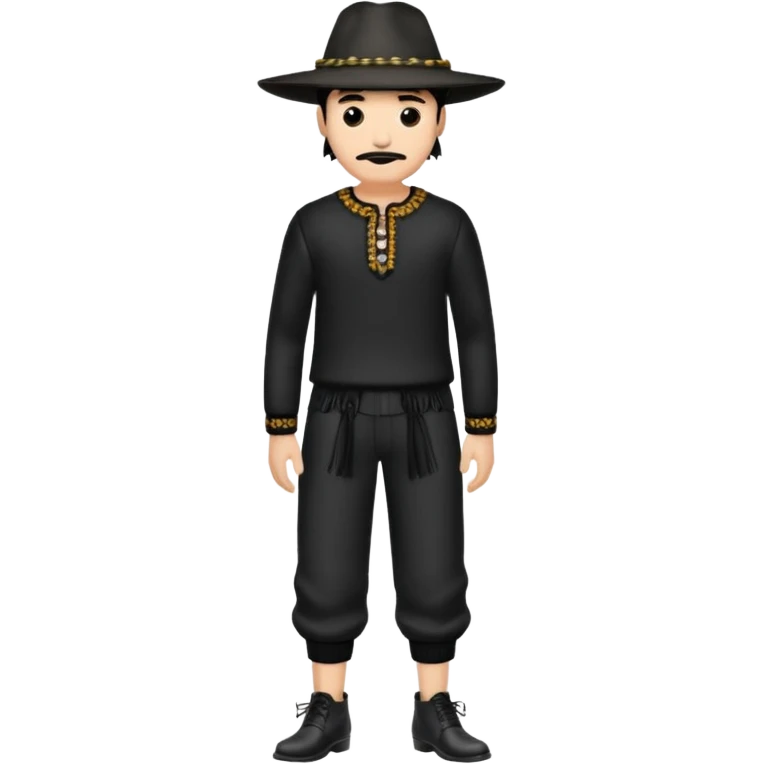 Crea a un hombre con pantalón acampanado zapatos negros un suéter como con fleco en los brazos y una clas de sombrero 👒 pero plano alrededor emoji