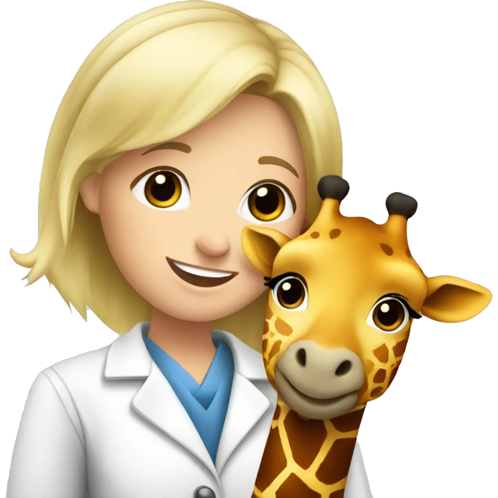 blonde hair smiling veterinarian girl having cuddles with giraffe emoji