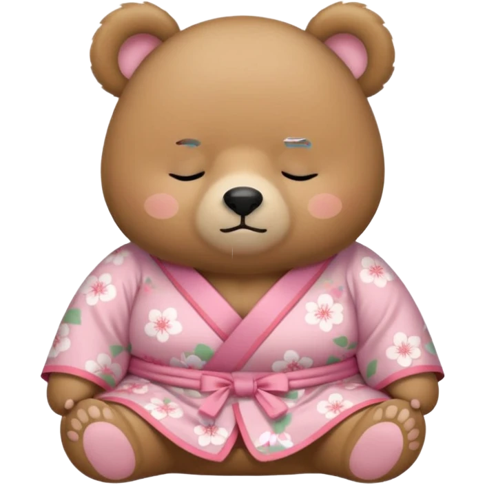 A cute chubby light-brown bear wearing a pastel pink sakura-patterned kimono, body and round head, adorable simple face, sleepy half-closed eyes, small blush on cheeks, sitting while dozing off, tiny “zzz” floating above the head emoji
