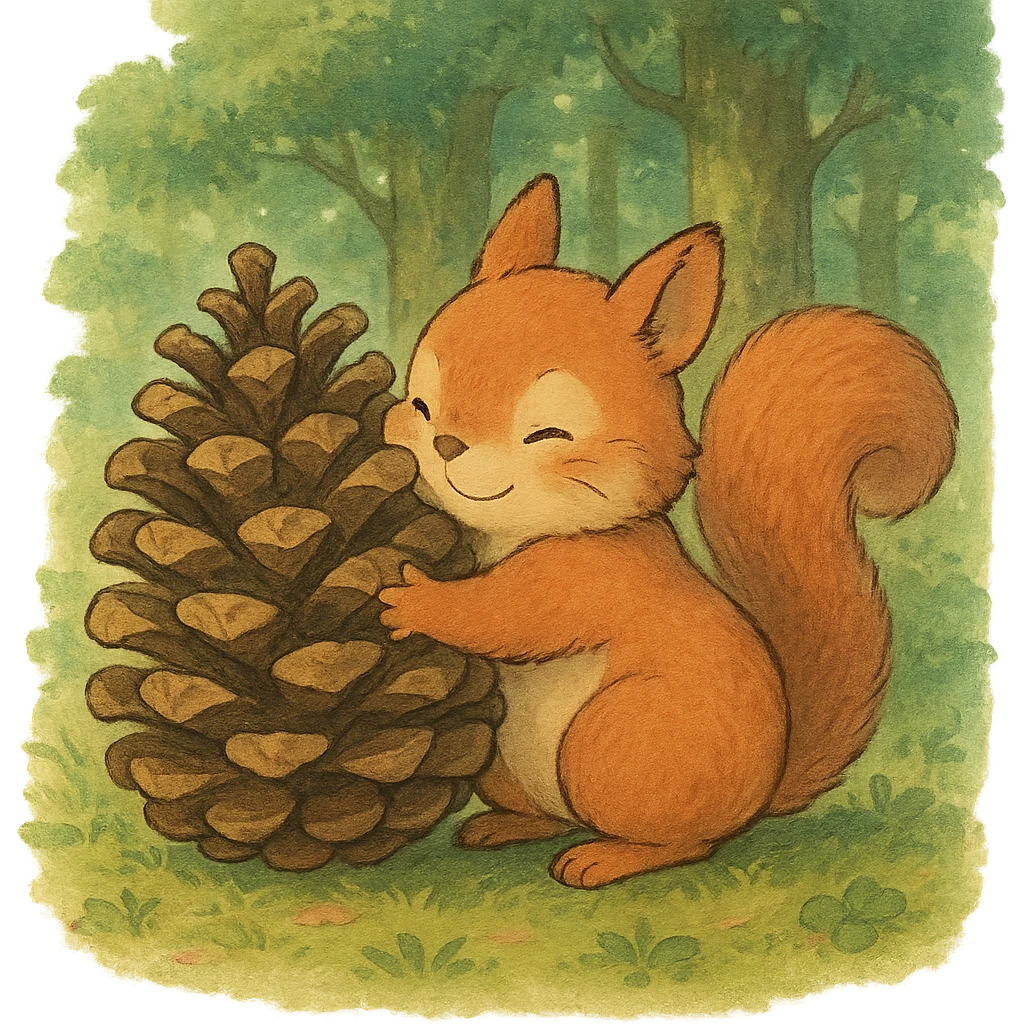 squirrel hugging a giant pine cone, forest kawaii illustration, Ghibli style emoji