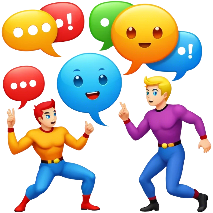 Comic drawing, bold lines, colorful speech bubbles, vibrant characters, dynamic action, bright colors, traditional comic book style, minimalistic design, on a white background. emoji