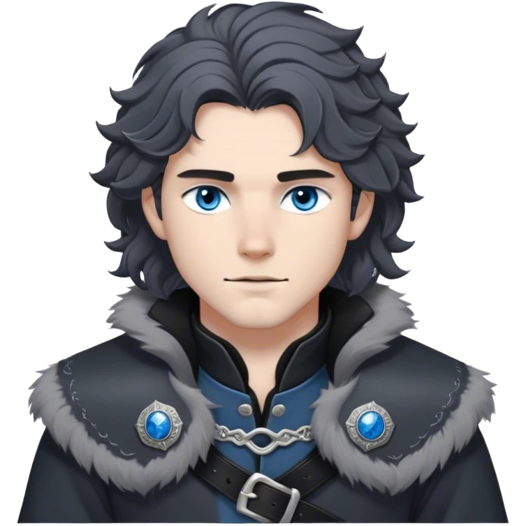 Medieval winter outfit worn by a DnD themed fantasy male character. Heavy charcoal gray wool tunic with black wolf fur lining, embellished with etched silver buttons and a sturdy leather belt with decorative metalwork. Clothes only above the waist, full waist coverage. The character has no arms. Character is white-skinned with jet black hair, steel blue eyes, and shoulder-length wavy hair with snow-kissed strands. emoji